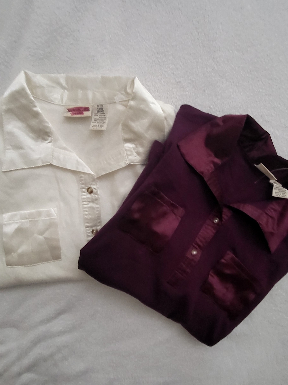 St. John's Bay White and Plum Button-Up Blouse Pair NWT Petite Large
